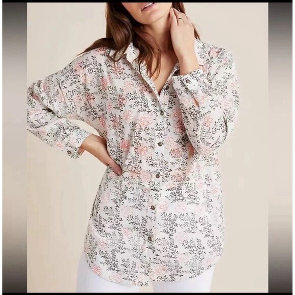 Anthropologie Top Womens M/L Enchanted Floral Button Down Lagenlook Embroidered - Picture 9 of 10